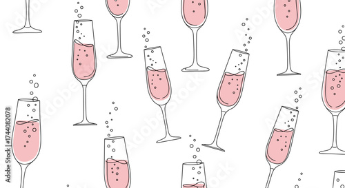 A playful pattern of pink champagne flutes filled with bubbly drinks.