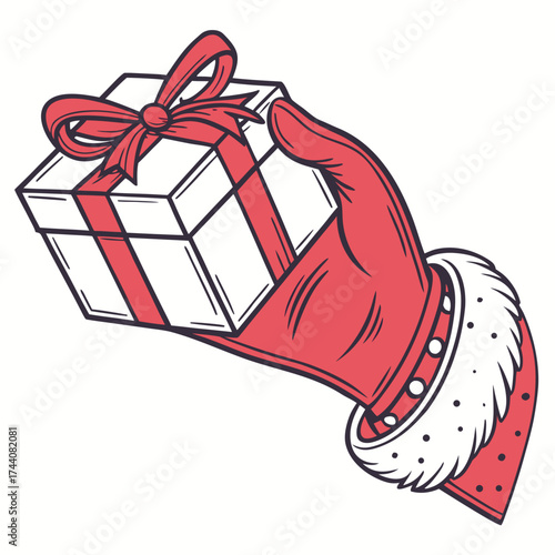 A festive red gloved hand possibly santa s presents a white gift box tied with a red ribbon and bow symbolizing holiday cheer and generosity