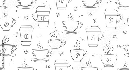 A seamless pattern of coffee cups and beans with steam.