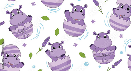 Adorable purple hippos hatching from easter eggs surrounded by lavender.