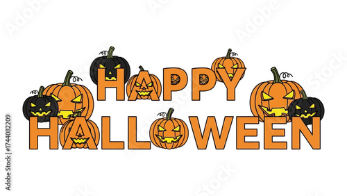 Festive Halloween Illustration: A vibrant and playful Halloween illustration, featuring carved pumpkin faces and bold lettering. Expressing a fun, spooky and exciting holiday message.