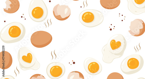 A pattern of various cooked eggs and egg shells.