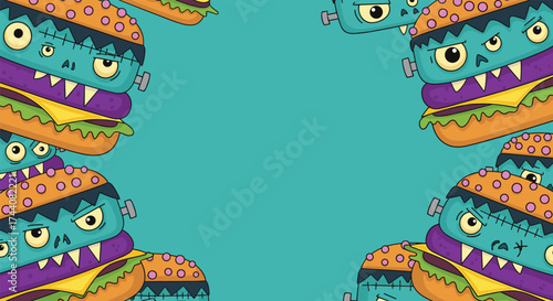 Spooky cartoon burgers with silly monster faces all over.
