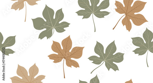 Pattern of autumn leaves in earthy tones scattered across a white background.