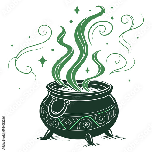 Mystical green cauldron bubbling with magical steam and swirling enchanted smoke adorned with intricate patterns and sparkling stars perfect for halloween or fantasy themes