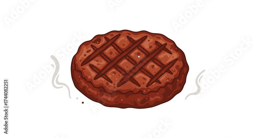A delicious grilled beef patty with crisscross grill marks and steam coming off it.