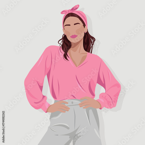 Minimalist faceless woman in pink blouse and white pants, stylish flat vector portrait. Modern feminine illustration for fashion design, social media, branding, posters, and lifestyle projects.