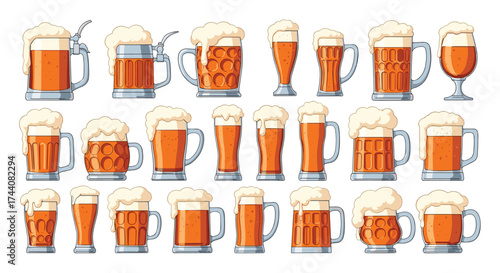 A collection of various beer mugs and glasses filled with frothy beer.