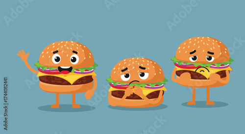 Three anthropomorphic burgers showing different emotions on a blue background.