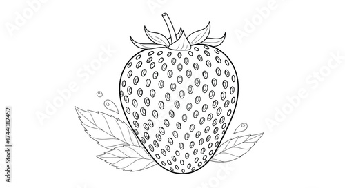 A simple line drawing of a ripe strawberry with its leaves.