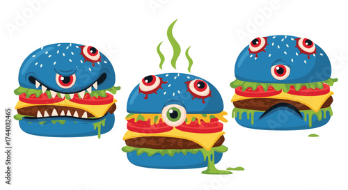 Three cartoon burgers with scary monster faces and green ooze.