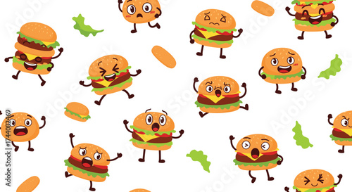 Funny cartoon burgers dancing and enjoying a good time.