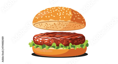 A pixel art rendering of a classic hamburger with a juicy grilled patty.