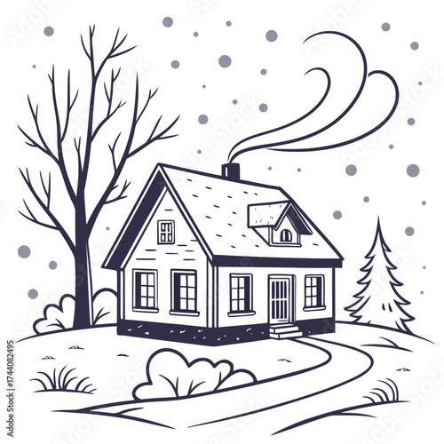 Cozy winter scene with a snowing house and a bare tree