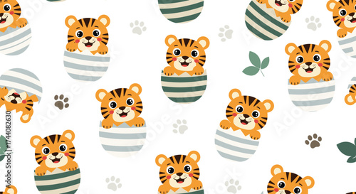 Cute cartoon tiger cubs in easter eggs pattern.