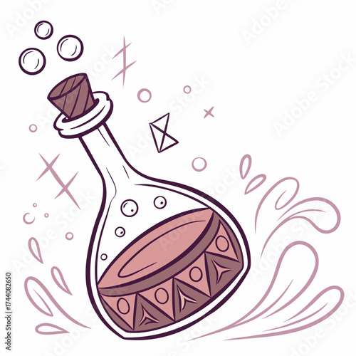 A whimsical cartoon illustration of a potion bottle with a cork stopper and a pinkish liquid surrounded by magical bubbles sparkles and decorative swirls on a white background