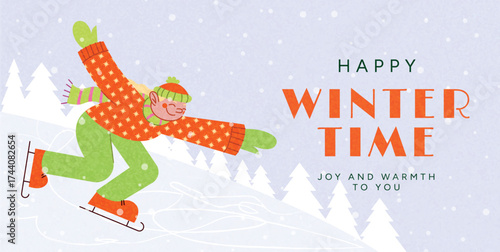 Happy winter time with joyful person skating outdoors among snowy fir trees, wearing warm sweater, hat and gloves. Holiday mood and cold season. Vector illustration for banner, card, poster