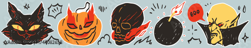 Retro Halloween characters with emoji. Charcoal, chalk sketch style creepy skull, funny pumpkin with eyes on fire, vampire and black cat. Scary decorations. Happy Halloween doodle vector stickers.
