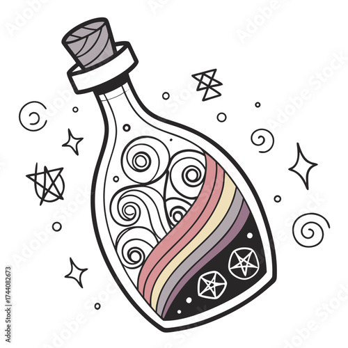 Whimsical potion bottle filled with swirling patterns and rainbow colors adorned with mystical symbols and stars perfect for magical or fantasy themes