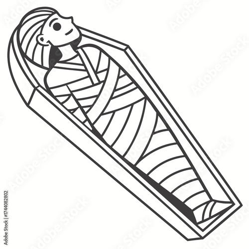 A stylized cartoon illustration of a mummy lying peacefully in an open sarcophagus with its head tilted back and a gentle smile wrapped in bandages