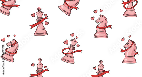 A whimsical collection of pink chess pieces adorned with ribbons and hearts.