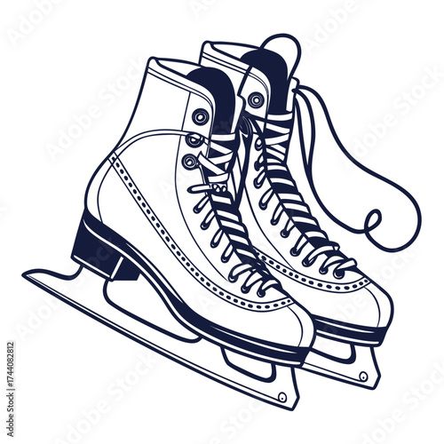 A pair of classic figure skates with laces tied and blades ready for ice skating on a white background rendered in a clean line art style