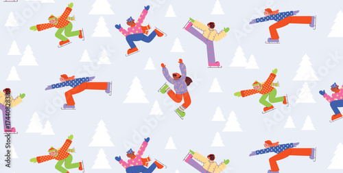 Seamless pattern with diverse people skating on ice in colorful winter clothes, scarves, sweaters, hats. Joyful outdoor activity with snowy fir trees. Vector illustration for festive card, banner
