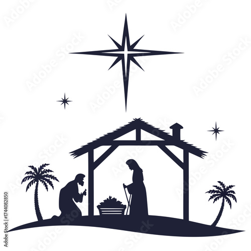 Silhouette of the nativity scene with mary joseph and baby jesus in a stable under the star of bethlehem with palm trees