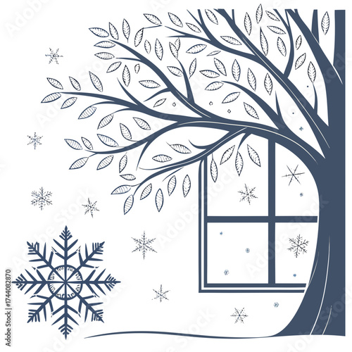 Stylized artistic illustration of a bare tree with leaves and falling snowflakes seen through a window pane on a white background