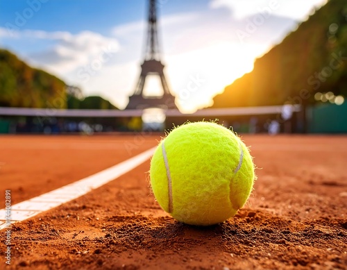 Tennis ball on clay court with Eiffel Tower in the background
