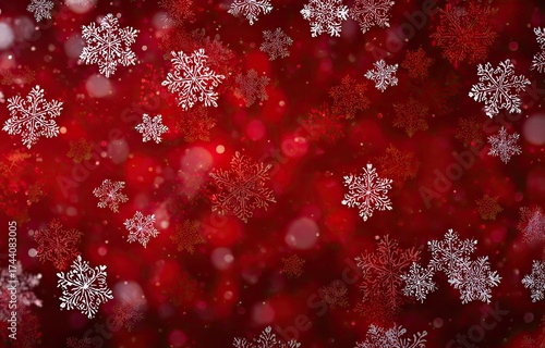 Festive background with white and red snowflakes on a dark red, bokeh-filled backdrop