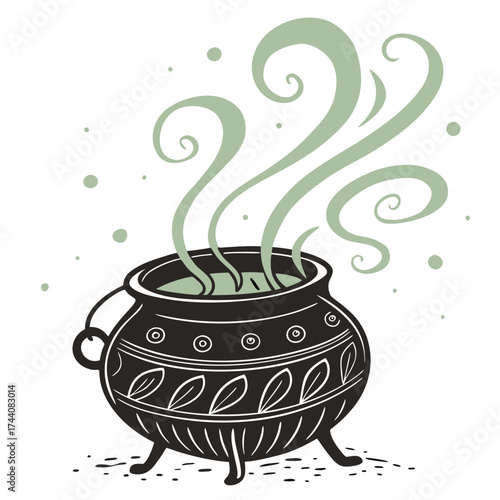 A whimsical black cauldron with decorative markings bubbles and steams with a light green potion and wisps of smoke rising into the air