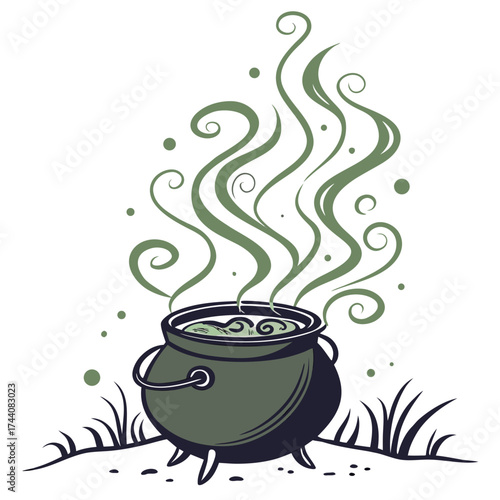 A bubbling cauldron emitting green steam and swirls set against a white background with hints of grass and small stones