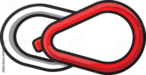 Two interlocking carabiners one red and one gray on a white background