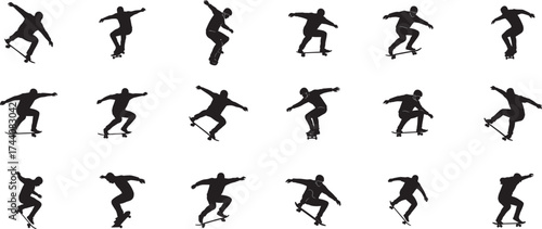 Silhouettes of skateboarders performing various tricks and jumps captured in motion against a white backdrop vector