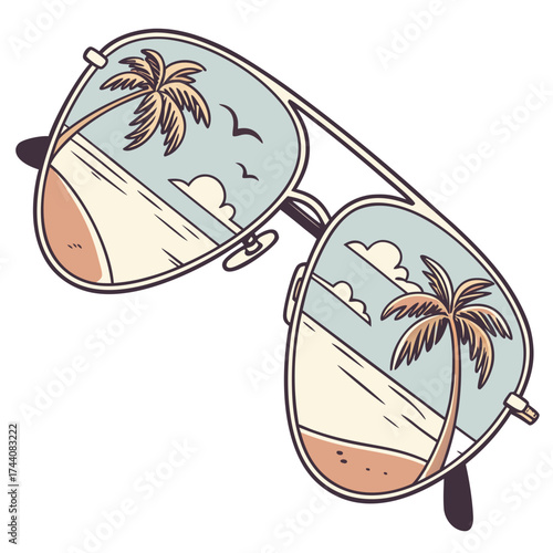 Stylish aviator sunglasses reflecting a serene tropical beach scene with palm trees and birds flying in a clear blue sky