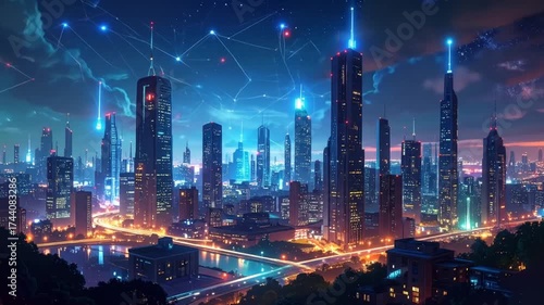 Wallpaper Mural Futuristic Cityscape with Glowing Structures and Connected Network Lines at Night Torontodigital.ca