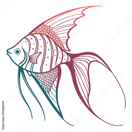 Elegant angelfish with flowing fins and delicate scales rendered in a gradient of teal and magenta isolated on a white background symbolizing aquatic beauty and grace