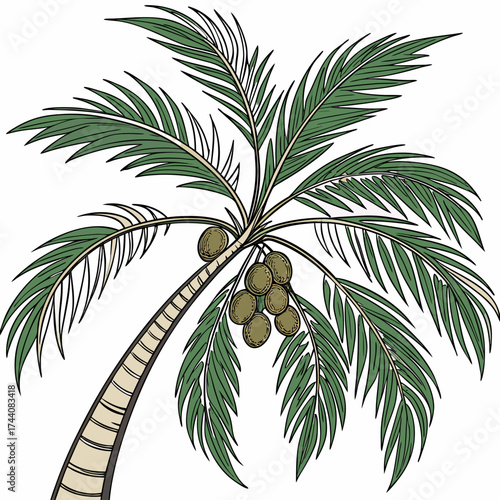 A stylized illustration of a leaning palm tree with green fronds and a cluster of ripe coconuts hanging from its trunk isolated on a white background