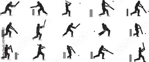 Dynamic cricket player silhouette collection capturing batting and bowling actions diverse poses and movement for sports design and advertising vector