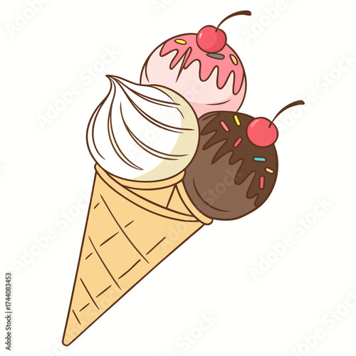 A delicious cartoon illustration of a triple scoop ice cream cone featuring strawberry vanilla and chocolate flavors topped with cherries and sprinkles on a white background