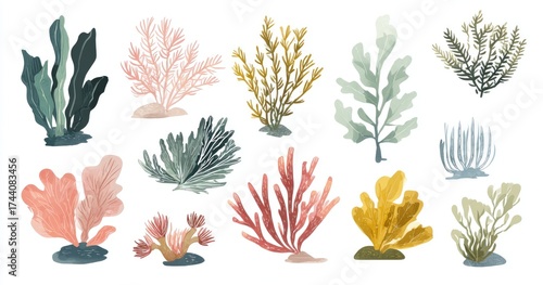 Fototapeta Naklejka Na Ścianę i Meble -  Watercolor illustration of various colorful seaweed and coral designs isolated on white background