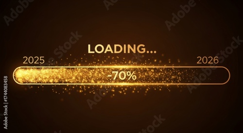 Golden loading bar signifies progress towards the new year 2026 with sparkling particles.