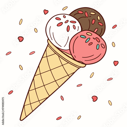 A delicious cartoon illustration of a triple scoop ice cream cone with white pink and chocolate flavors surrounded by scattered heart shapes and oval sprinkles on a white background