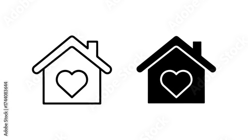 Simple House with Heart Icon Set in Line and Filled Style