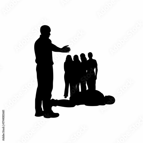 First aid trainer demonstrating cpr to a group silhouette isolated on white background