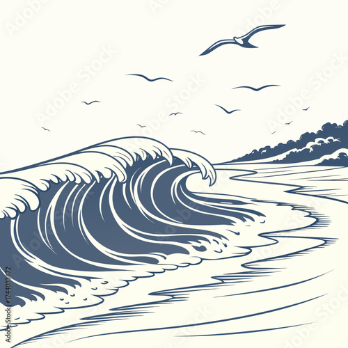 Stylized illustration of a powerful ocean wave crashing on a sandy beach with seagulls flying overhead and a distant tree line under a pale sky