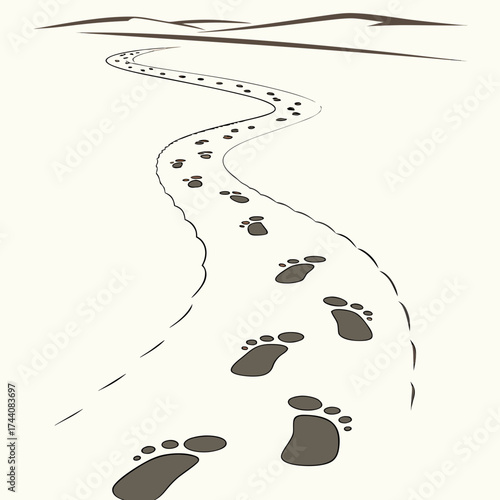 A winding path marked by footprints leads through a minimalist landscape with rolling hills in the distance under a light background