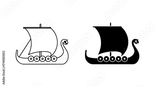 Viking Longship Icon Silhouette and Outline Design on White