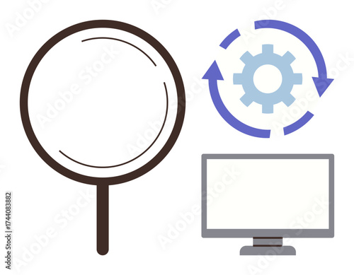 Magnifying glass, rotating gear, and computer monitor illustrating data analysis, workflow, and technology. Ideal for research, innovation, optimization, automation process management digital